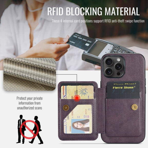 For iPhone 16 Pro Max Fierre Shann Oil Wax Cow Leather Card Holder Back Phone Case(Purple)