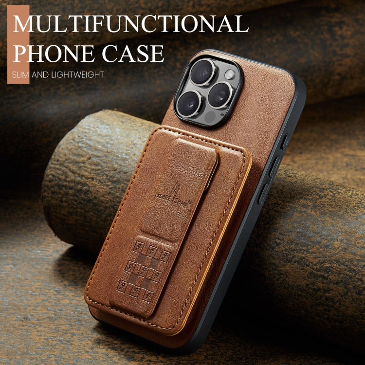 For iPhone 16 Pro Max Fierre Shann Oil Wax Cow Leather Card Holder Back Phone Case(Brown)