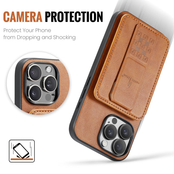 For iPhone 16 Pro Max Fierre Shann Oil Wax Cow Leather Card Holder Back Phone Case(Brown)