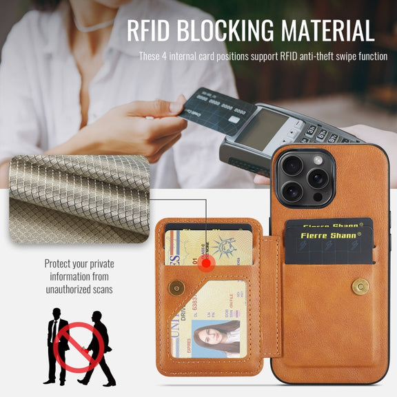 For iPhone 16 Pro Max Fierre Shann Oil Wax Cow Leather Card Holder Back Phone Case(Brown)