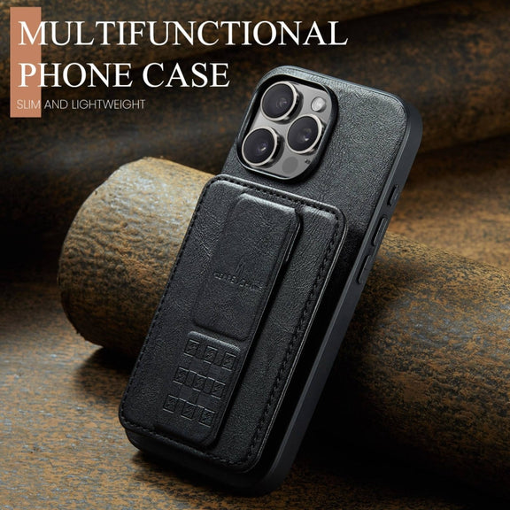 For iPhone 16 Pro Fierre Shann Oil Wax Cow Leather Card Holder Back Phone Case(Black)