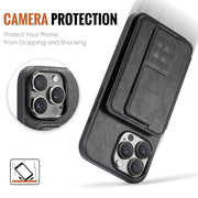 For iPhone 16 Pro Fierre Shann Oil Wax Cow Leather Card Holder Back Phone Case(Black)