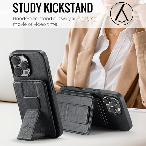 For iPhone 16 Pro Fierre Shann Oil Wax Cow Leather Card Holder Back Phone Case(Black)