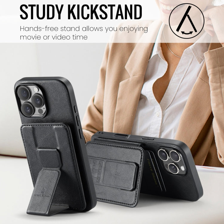For iPhone 16 Pro Fierre Shann Oil Wax Cow Leather Card Holder Back Phone Case(Black)