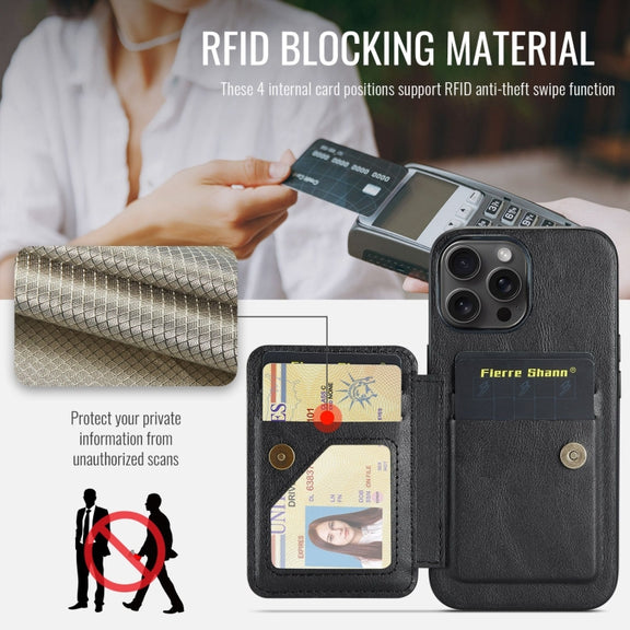 For iPhone 16 Pro Fierre Shann Oil Wax Cow Leather Card Holder Back Phone Case(Black)