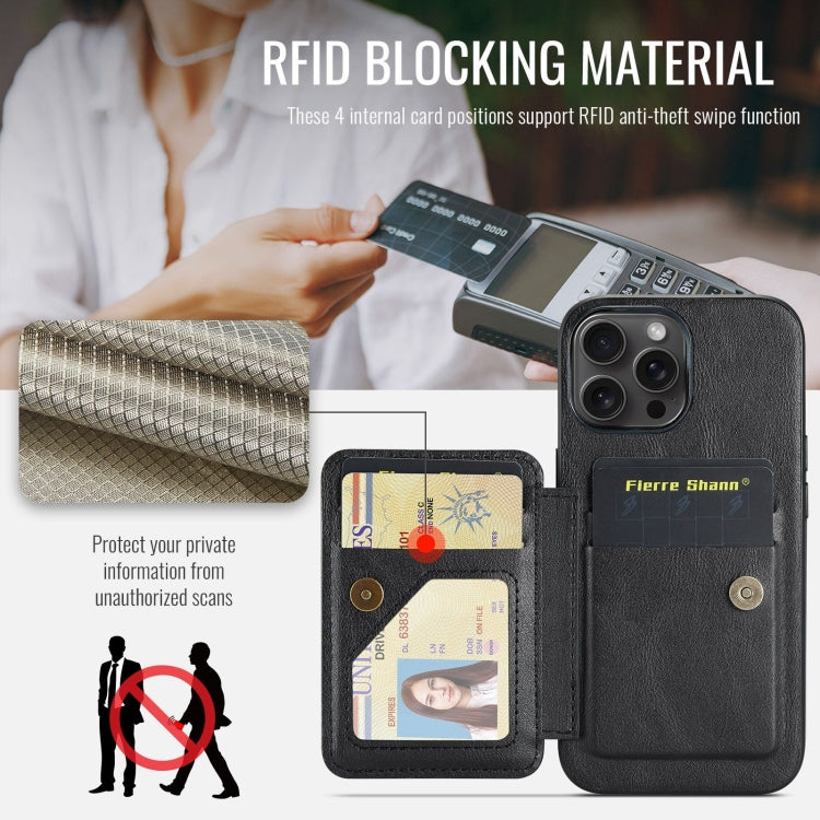 For iPhone 16 Pro Fierre Shann Oil Wax Cow Leather Card Holder Back Phone Case(Black)