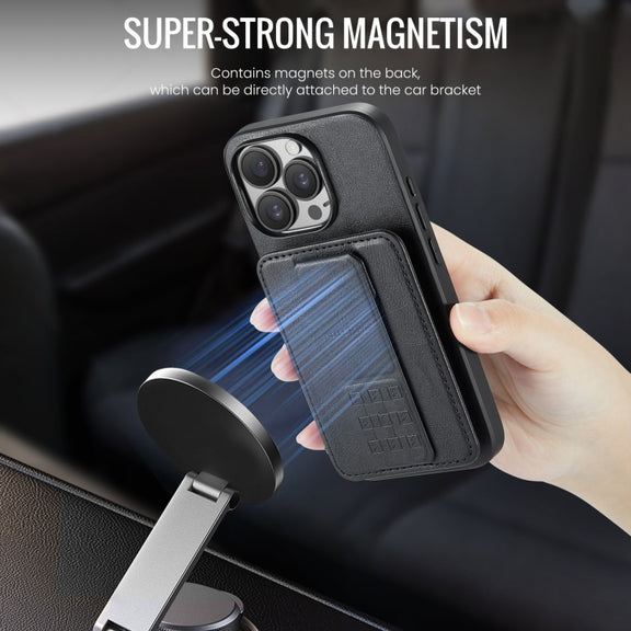 For iPhone 16 Pro Fierre Shann Oil Wax Cow Leather Card Holder Back Phone Case(Black)