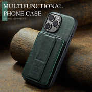 For iPhone 16 Pro Fierre Shann Oil Wax Cow Leather Card Holder Back Phone Case(Green)