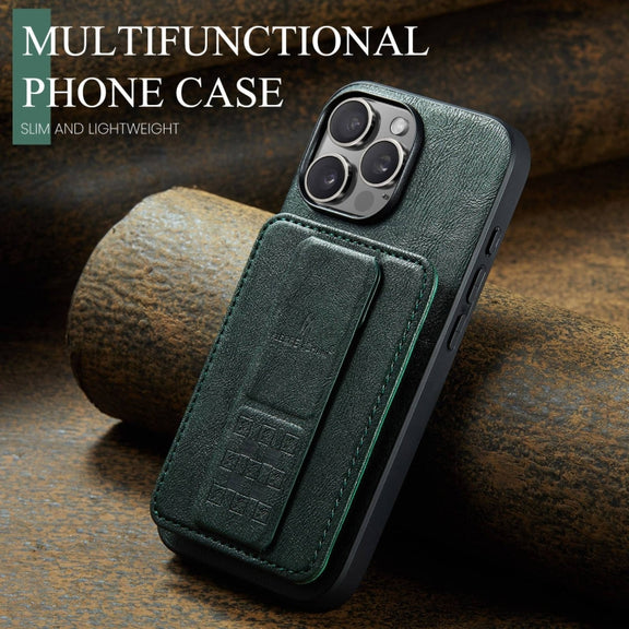 For iPhone 16 Pro Fierre Shann Oil Wax Cow Leather Card Holder Back Phone Case(Green)