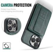 For iPhone 16 Pro Fierre Shann Oil Wax Cow Leather Card Holder Back Phone Case(Green)