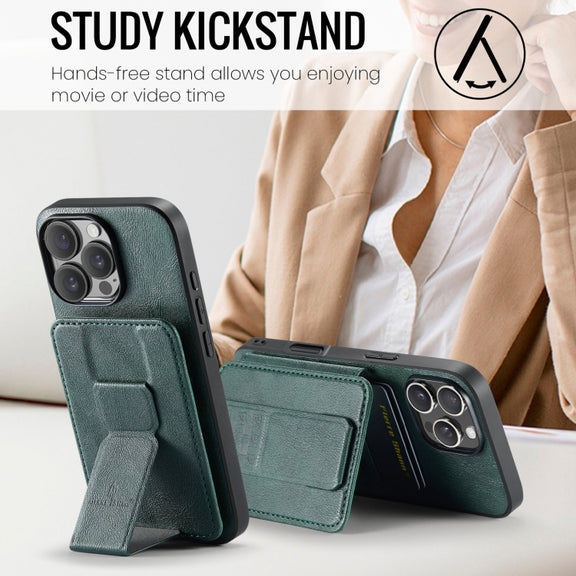 For iPhone 16 Pro Fierre Shann Oil Wax Cow Leather Card Holder Back Phone Case(Green)