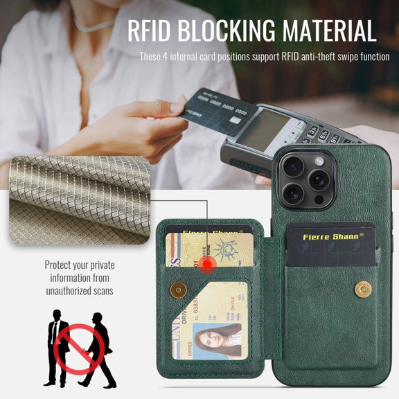 For iPhone 16 Pro Fierre Shann Oil Wax Cow Leather Card Holder Back Phone Case(Green)