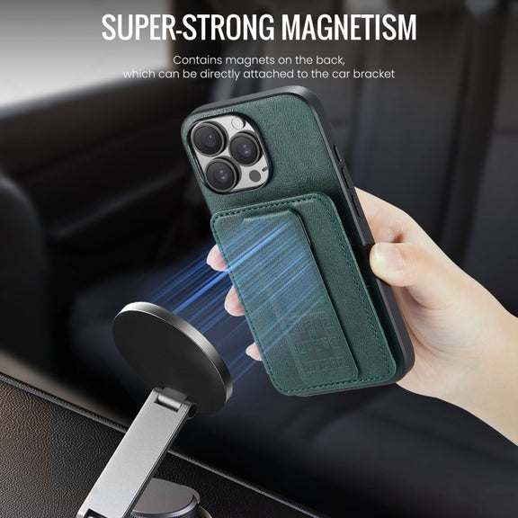 For iPhone 16 Pro Fierre Shann Oil Wax Cow Leather Card Holder Back Phone Case(Green)