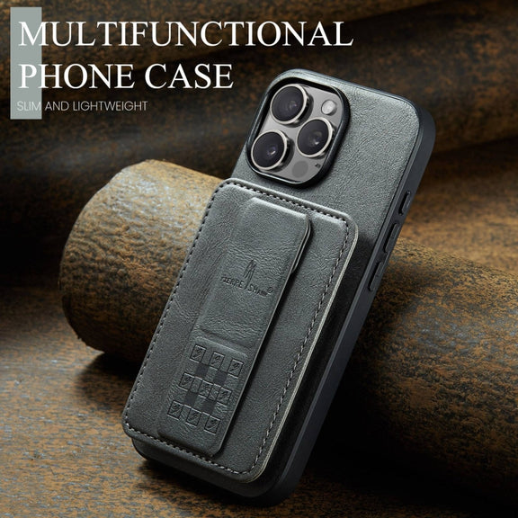 For iPhone 16 Pro Fierre Shann Oil Wax Cow Leather Card Holder Back Phone Case(Grey)