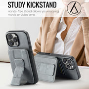 For iPhone 16 Pro Fierre Shann Oil Wax Cow Leather Card Holder Back Phone Case(Grey)