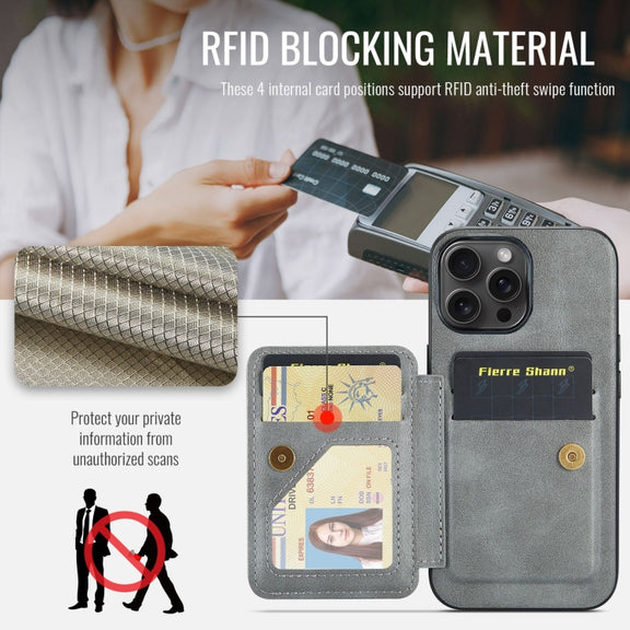 For iPhone 16 Pro Fierre Shann Oil Wax Cow Leather Card Holder Back Phone Case(Grey)