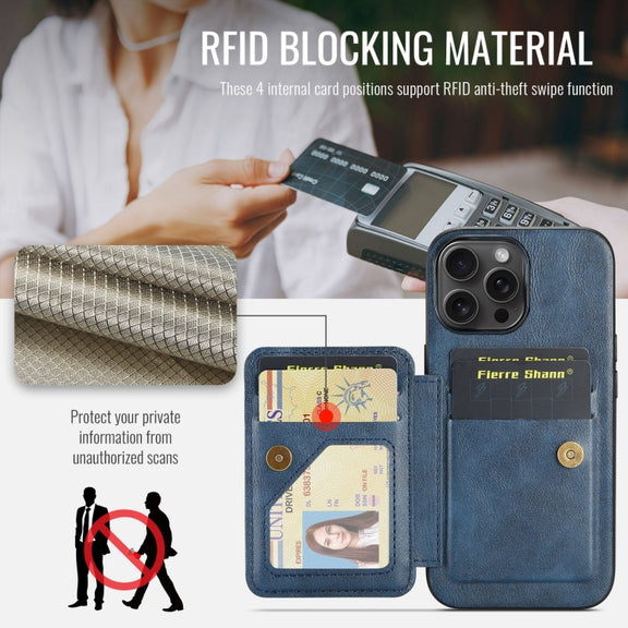 For iPhone 16 Pro Fierre Shann Oil Wax Cow Leather Card Holder Back Phone Case(Blue)