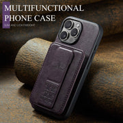 For iPhone 16 Pro Fierre Shann Oil Wax Cow Leather Card Holder Back Phone Case(Purple)