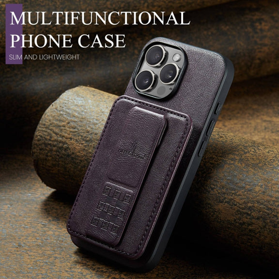 For iPhone 16 Pro Fierre Shann Oil Wax Cow Leather Card Holder Back Phone Case(Purple)