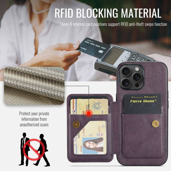 For iPhone 16 Pro Fierre Shann Oil Wax Cow Leather Card Holder Back Phone Case(Purple)