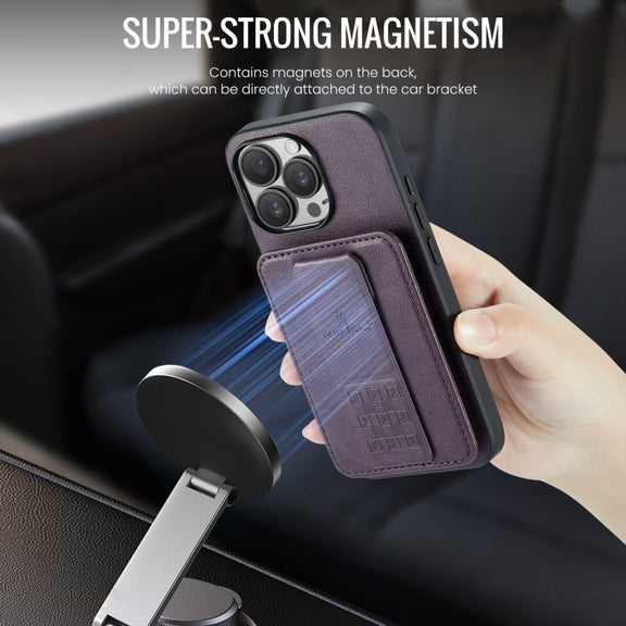 For iPhone 16 Pro Fierre Shann Oil Wax Cow Leather Card Holder Back Phone Case(Purple)