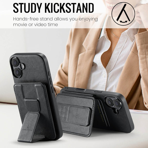 For iPhone 16 Plus Fierre Shann Oil Wax Cow Leather Card Holder Back Phone Case(Black)
