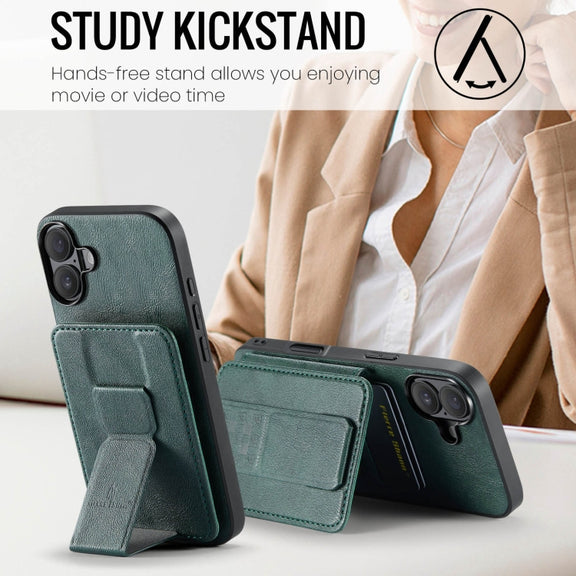 For iPhone 16 Plus Fierre Shann Oil Wax Cow Leather Card Holder Back Phone Case(Green)