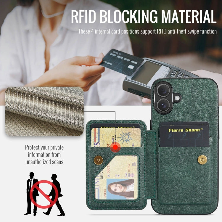 For iPhone 16 Plus Fierre Shann Oil Wax Cow Leather Card Holder Back Phone Case(Green)