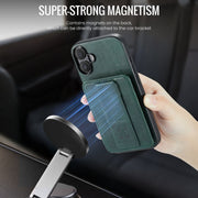 For iPhone 16 Plus Fierre Shann Oil Wax Cow Leather Card Holder Back Phone Case(Green)