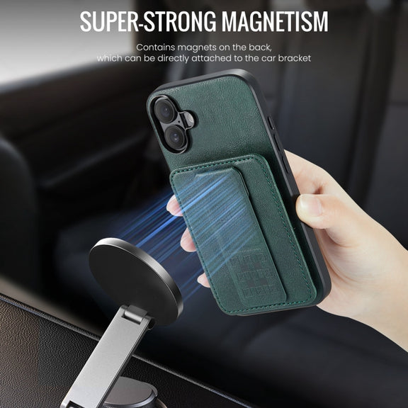 For iPhone 16 Plus Fierre Shann Oil Wax Cow Leather Card Holder Back Phone Case(Green)