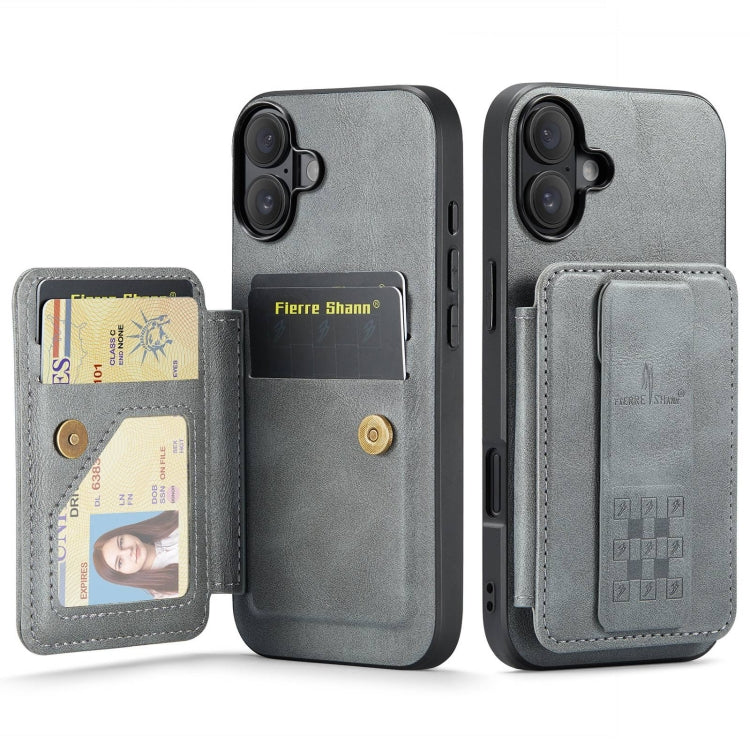 For iPhone 16 Plus Fierre Shann Oil Wax Cow Leather Card Holder Back Phone Case(Grey) - free shipping - PMC Jewellery - Order now!