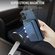 For iPhone 16 Plus Fierre Shann Oil Wax Cow Leather Card Holder Back Phone Case(Blue)
