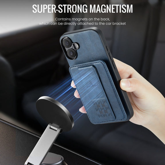 For iPhone 16 Plus Fierre Shann Oil Wax Cow Leather Card Holder Back Phone Case(Blue)
