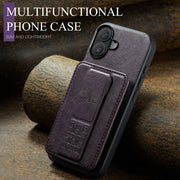 For iPhone 16 Plus Fierre Shann Oil Wax Cow Leather Card Holder Back Phone Case(Purple)