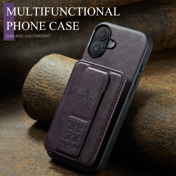 For iPhone 16 Plus Fierre Shann Oil Wax Cow Leather Card Holder Back Phone Case(Purple)