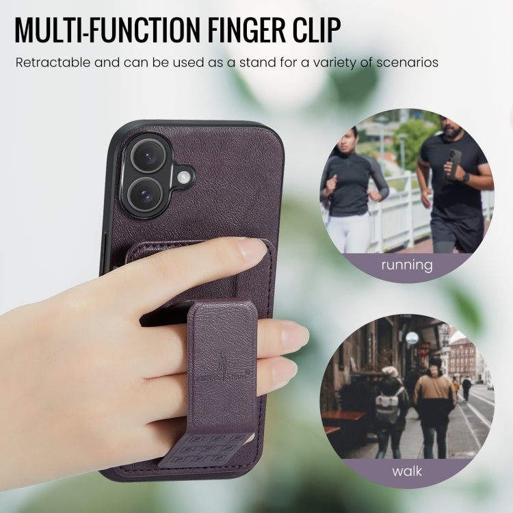 For iPhone 16 Plus Fierre Shann Oil Wax Cow Leather Card Holder Back Phone Case(Purple)