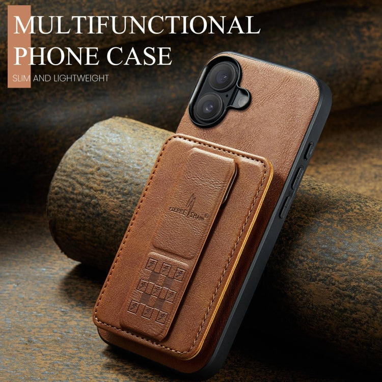 For iPhone 16 Plus Fierre Shann Oil Wax Cow Leather Card Holder Back Phone Case(Brown)
