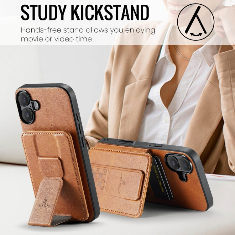 For iPhone 16 Plus Fierre Shann Oil Wax Cow Leather Card Holder Back Phone Case(Brown)