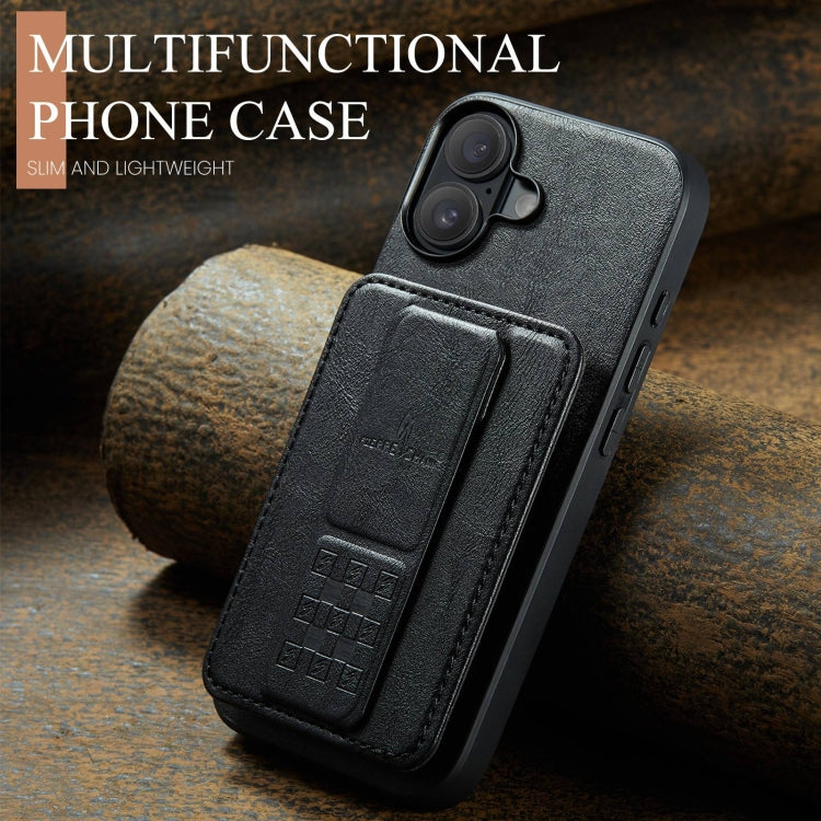 For iPhone 16 Fierre Shann Oil Wax Cow Leather Card Holder Back Phone Case(Black)