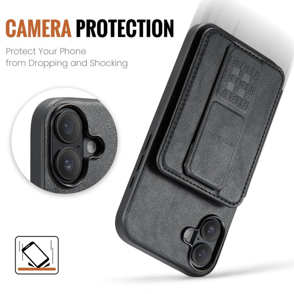 For iPhone 16 Fierre Shann Oil Wax Cow Leather Card Holder Back Phone Case(Black)
