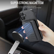 For iPhone 16 Fierre Shann Oil Wax Cow Leather Card Holder Back Phone Case(Black)