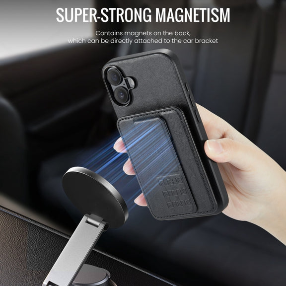 For iPhone 16 Fierre Shann Oil Wax Cow Leather Card Holder Back Phone Case(Black)