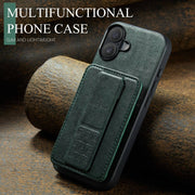 For iPhone 16 Fierre Shann Oil Wax Cow Leather Card Holder Back Phone Case(Green)