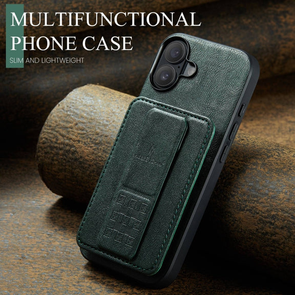 For iPhone 16 Fierre Shann Oil Wax Cow Leather Card Holder Back Phone Case(Green)