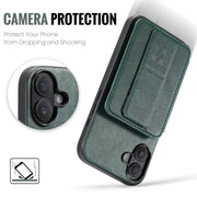 For iPhone 16 Fierre Shann Oil Wax Cow Leather Card Holder Back Phone Case(Green)
