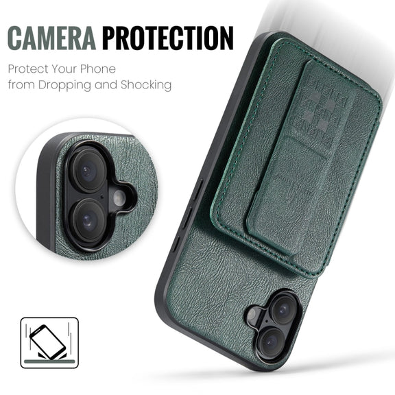 For iPhone 16 Fierre Shann Oil Wax Cow Leather Card Holder Back Phone Case(Green)
