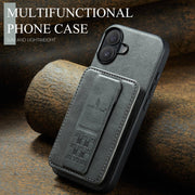 For iPhone 16 Fierre Shann Oil Wax Cow Leather Card Holder Back Phone Case(Grey)