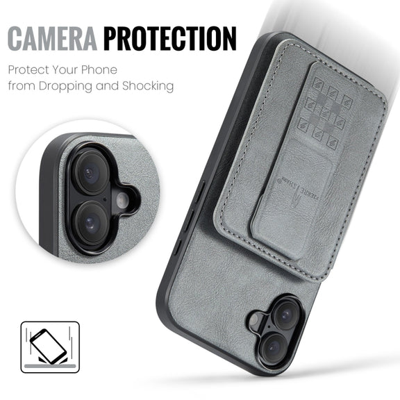 For iPhone 16 Fierre Shann Oil Wax Cow Leather Card Holder Back Phone Case(Grey)