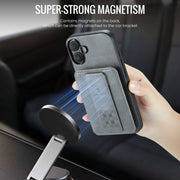 For iPhone 16 Fierre Shann Oil Wax Cow Leather Card Holder Back Phone Case(Grey)