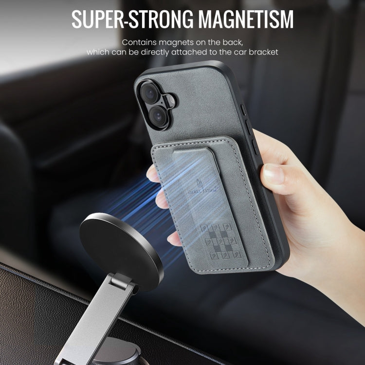 For iPhone 16 Fierre Shann Oil Wax Cow Leather Card Holder Back Phone Case(Grey)